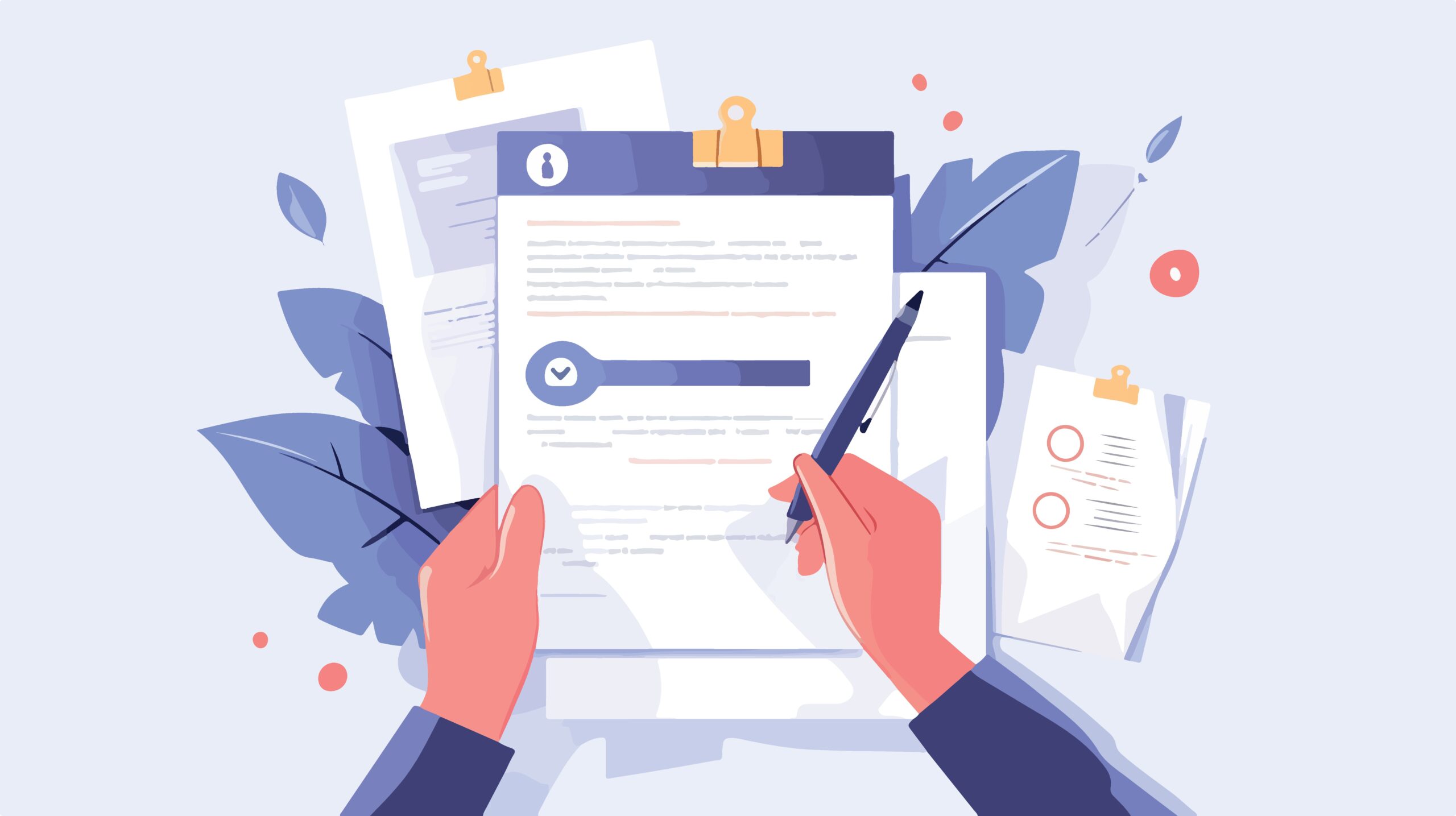 Ilustracja przedstawiająca rekrutera analizującego CV kandydata. Przedstawione dokumenty symbolizują proces aplikacyjny i typowe błędy w CV programistów.