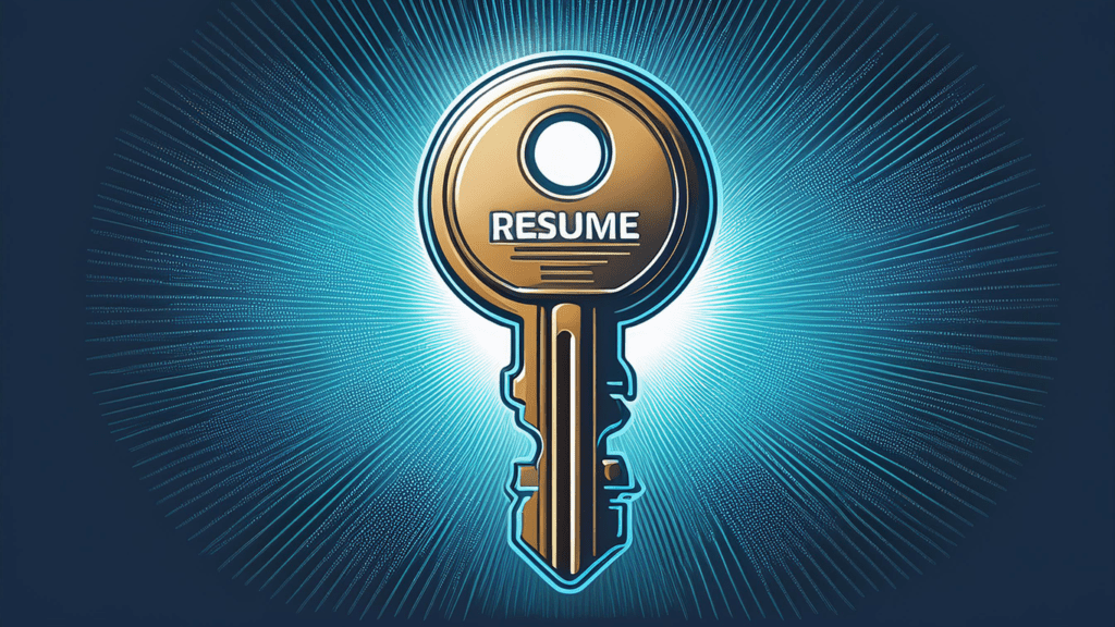 Złoty klucz z napisem 'Resume' otoczony promieniami światła, symbolizujący CV jako klucz do sukcesu zawodowego