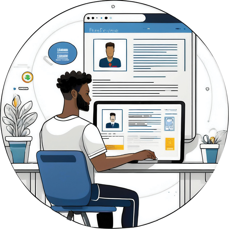 Mężczyzna pracujący przy komputerze, tworzący i edytujący profile na LinkedIn, GitHub oraz portfolio zawodowe.