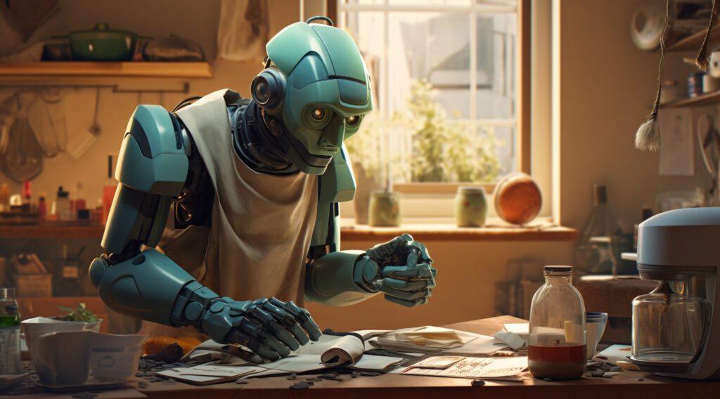 A humanoid robot wearing an apron sits in a cozy kitchen, carefully examining small objects on a wooden table filled with papers, a cup of tea, and a coffee machine. Sunlight streams through the window, creating a warm, homely atmosphere.