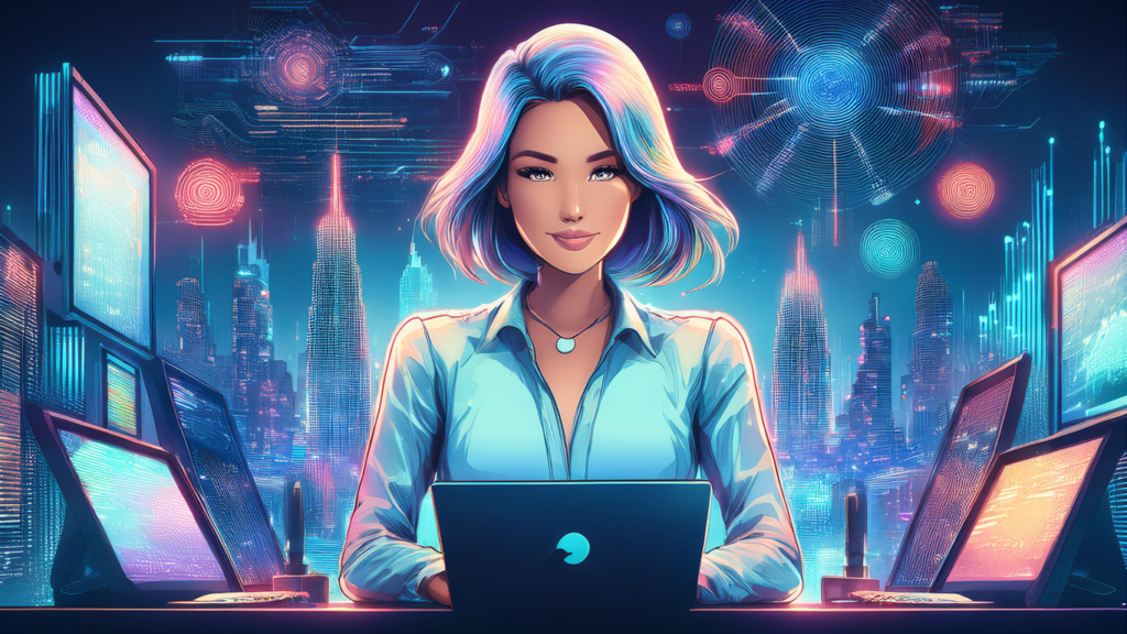 A futuristic illustration of a confident woman with short, multi-colored hair, working on a laptop. She is surrounded by multiple digital screens and a neon-lit cyber city skyline in the background, filled with holographic data interfaces and abstract technology-inspired elements.