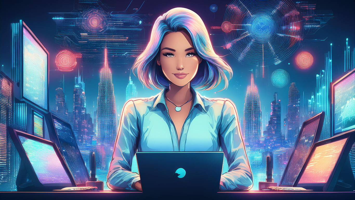 A futuristic illustration of a confident woman with short, multi-colored hair, working on a laptop. She is surrounded by multiple digital screens and a neon-lit cyber city skyline in the background, filled with holographic data interfaces and abstract technology-inspired elements.
