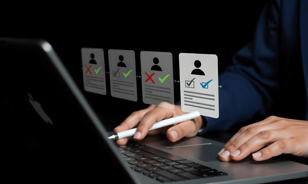 Rekruter analizujący wyniki testów kandydatów na ekranie laptopa