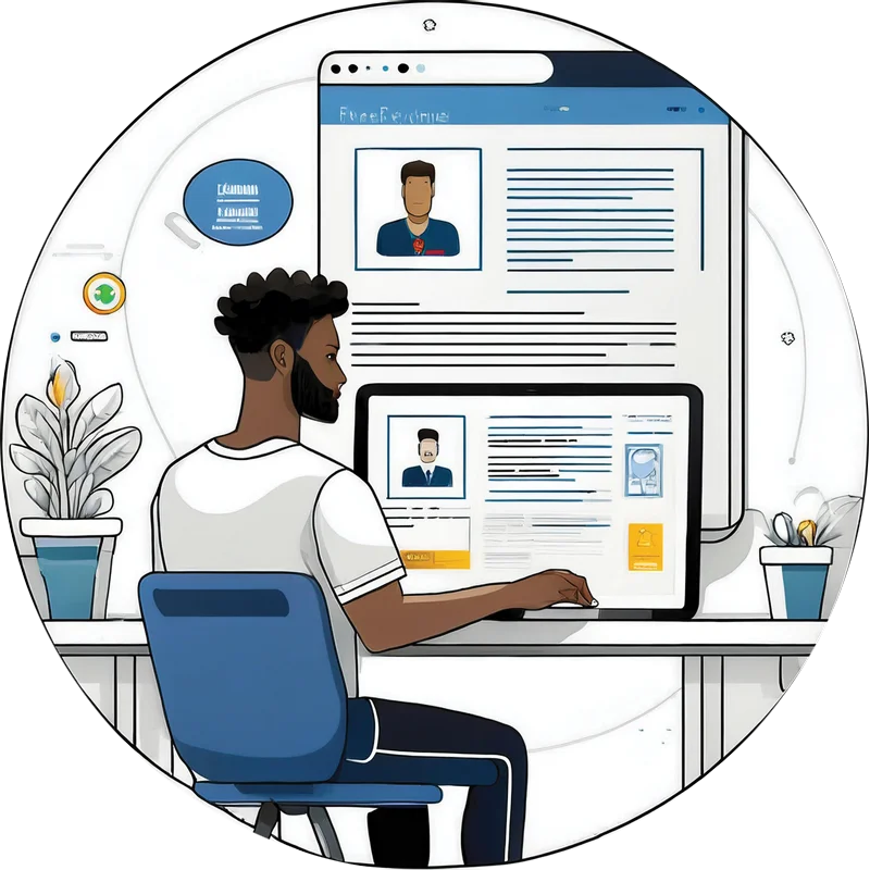 Mężczyzna pracujący przy komputerze, tworzący i edytujący profile na LinkedIn, GitHub oraz portfolio zawodowe.